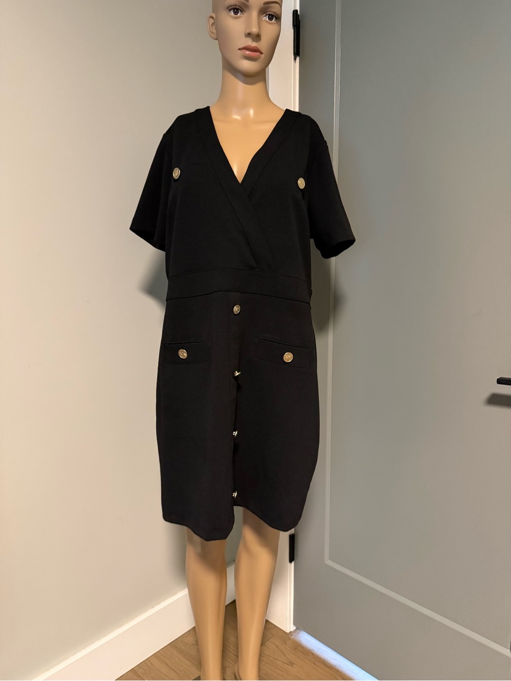 Michael Kors Black Short Sleeve V-Neck Button Dress with Gold Buttons